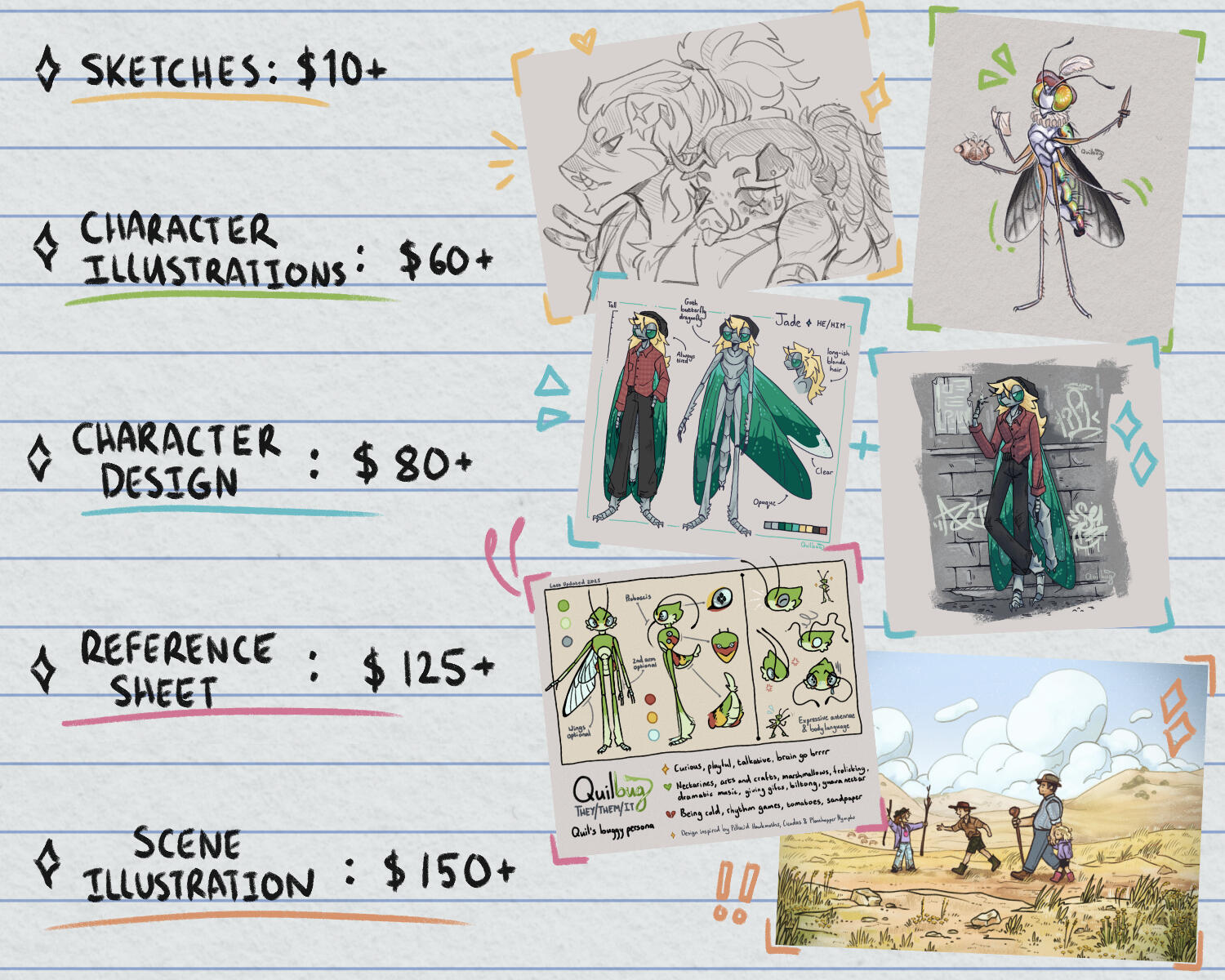 Page two of the commission information. It lists 5 commission options, displays the price estimate, and shows an example on the side. Sketches are about $10, the example is a bust sketch of two piglins. Character illustrations are about $60, the example is