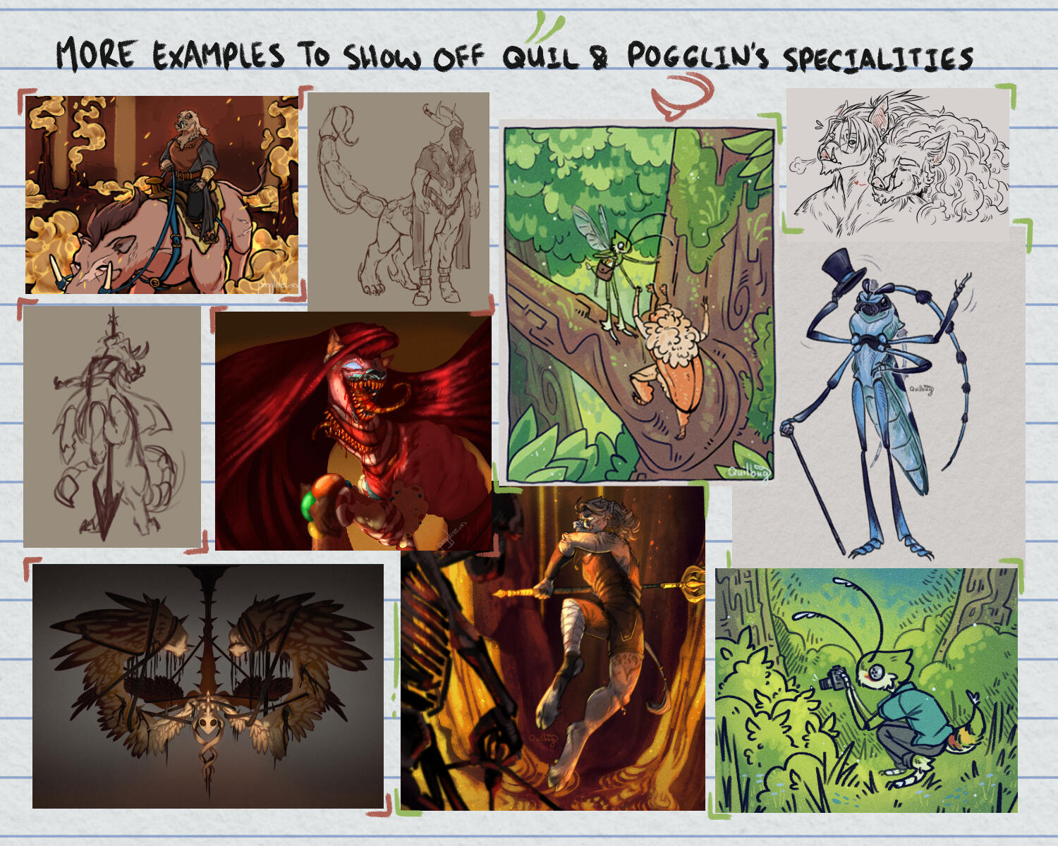 Page three of the commission information. The text reads, "more examples to show off Quil & Pogglins' specialties. Pogglins examples include an illustration of a piglin riding a hoglin in the nether, two sketches of a demon monster, a candy gore pony illus